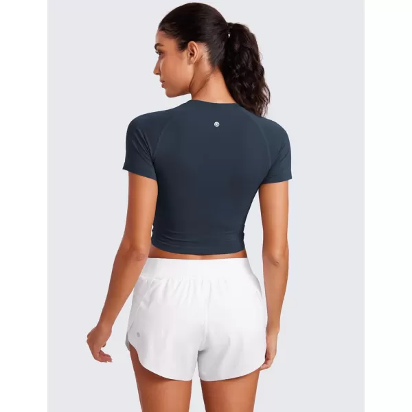 CRZ YOGA Seamless Womens Short Sleeve Crop Tops Breathable Slim Fit Gym Workout Shirts Athletic Running Basic Tee TopTwilight Blue