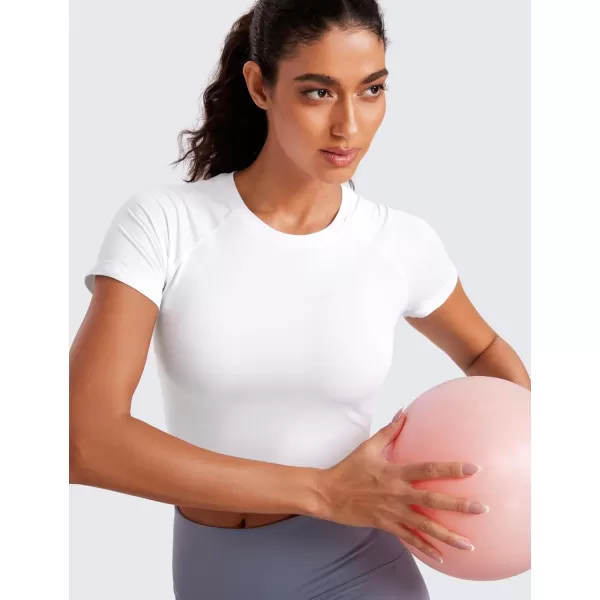 CRZ YOGA Seamless Womens Short Sleeve Crop Tops Breathable Slim Fit Gym Workout Shirts Athletic Running Basic Tee TopWhite