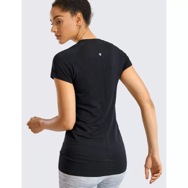 CRZ YOGA Seamless Workout Shirts for Women Short Sleeve Sports Tees Quick Dry Breathable Gym Athletic TopsBlack