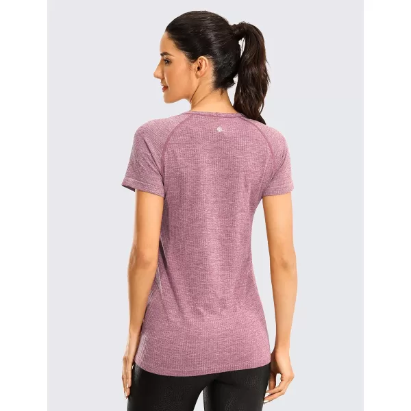 CRZ YOGA Seamless Workout Shirts for Women Short Sleeve Sports Tees Quick Dry Breathable Gym Athletic TopsMisty Merlot Shallow Flower Ash