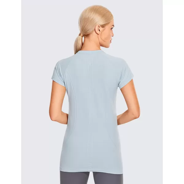 CRZ YOGA Seamless Workout Shirts for Women Short Sleeve Sports Tees Quick Dry Breathable Gym Athletic TopsSmoke Blue Ash