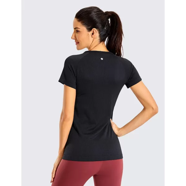 CRZ YOGA Seamless Workout Shirts for Women Short Sleeve Sports Tees Quick Dry Breathable Gym Athletic TopsSoft Black