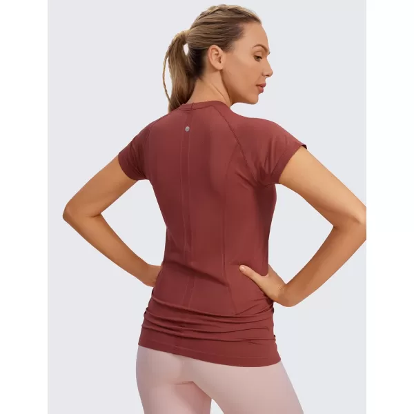 CRZ YOGA Seamless Workout Shirts for Women Short Sleeve Sports Tees Quick Dry Breathable Gym Athletic TopsThe Cognac Brown