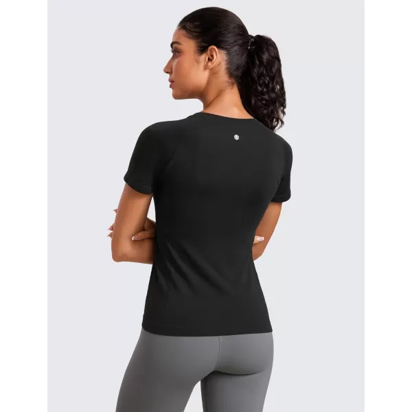 CRZ YOGA Seamless Workout Tops for Women Short Sleeve Athletic Tees Breathable Gym Running Yoga Tshirts ShirtsBlack