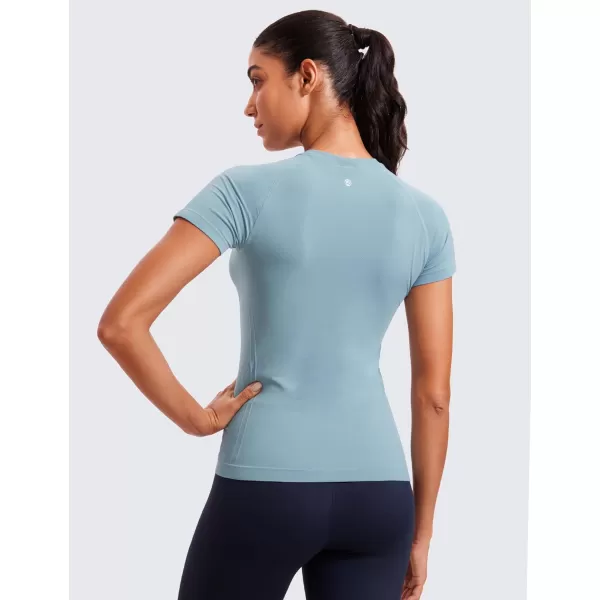 CRZ YOGA Seamless Workout Tops for Women Short Sleeve Athletic Tees Breathable Gym Running Yoga Tshirts ShirtsPure Blue