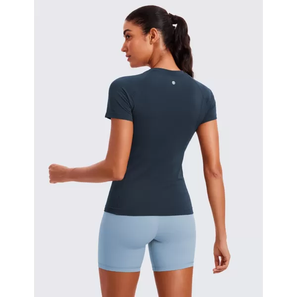 CRZ YOGA Seamless Workout Tops for Women Short Sleeve Athletic Tees Breathable Gym Running Yoga Tshirts ShirtsTwilight Blue