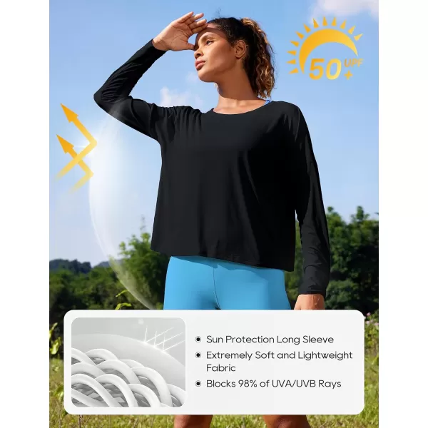 CRZ YOGA UPF 50 Long Sleeve Shirts for Women Lightweight Workout Crop Tops Sun Protection Outdoor Quick Dry Hiking ShirtBlack