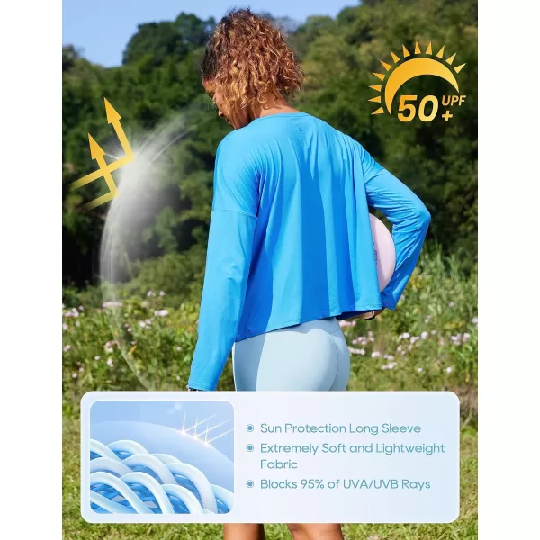 CRZ YOGA UPF 50 Long Sleeve Shirts for Women Lightweight Workout Crop Tops Sun Protection Outdoor Quick Dry Hiking ShirtPoolside Blue