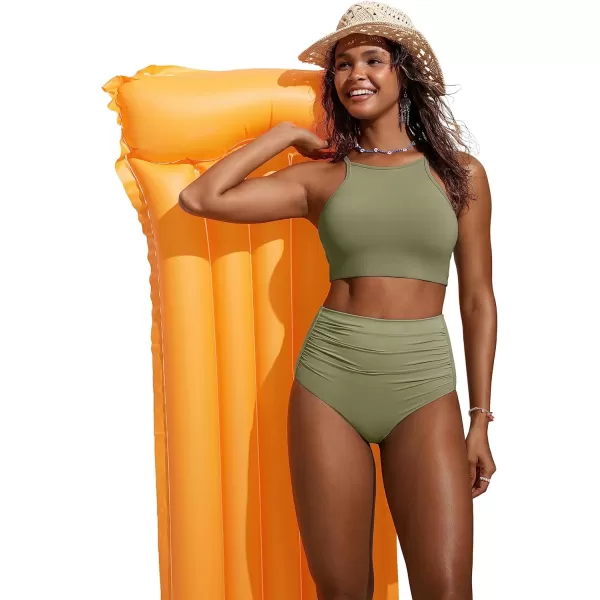 CRZ YOGA Womens Bikini Tops High Neck Swimsuit Racerback Padded Bathing Suit Sexy SwimwearMoss Green