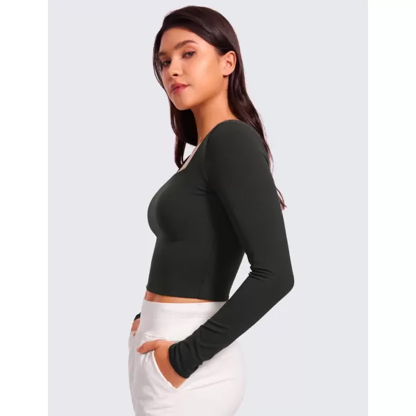 CRZ YOGA Womens Butterluxe Double Lined Long Sleeve Crop Top Square Neck Workout Athletic Casual Cropped Fitted Basic ShirtsBlack