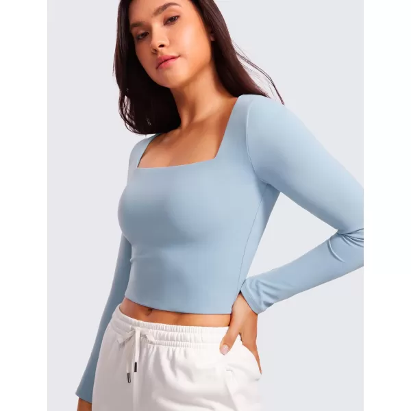 CRZ YOGA Womens Butterluxe Double Lined Long Sleeve Crop Top Square Neck Workout Athletic Casual Cropped Fitted Basic ShirtsCambric Blue