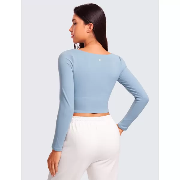 CRZ YOGA Womens Butterluxe Double Lined Long Sleeve Crop Top Square Neck Workout Athletic Casual Cropped Fitted Basic ShirtsCambric Blue