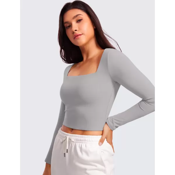 CRZ YOGA Womens Butterluxe Double Lined Long Sleeve Crop Top Square Neck Workout Athletic Casual Cropped Fitted Basic ShirtsGull Gray