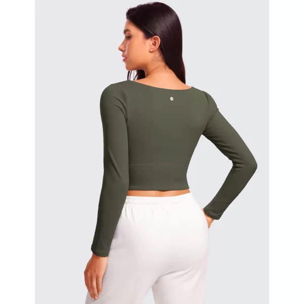 CRZ YOGA Womens Butterluxe Double Lined Long Sleeve Crop Top Square Neck Workout Athletic Casual Cropped Fitted Basic ShirtsLight Army Green