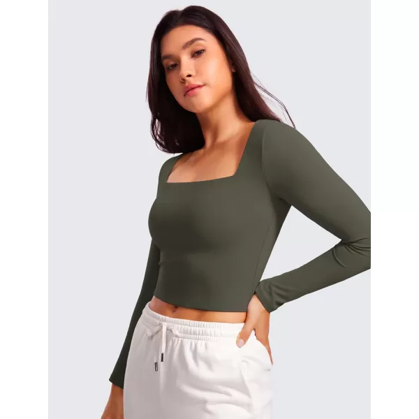 CRZ YOGA Womens Butterluxe Double Lined Long Sleeve Crop Top Square Neck Workout Athletic Casual Cropped Fitted Basic ShirtsLight Army Green