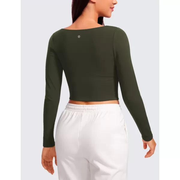 CRZ YOGA Womens Butterluxe Double Lined Long Sleeve Crop Top Square Neck Workout Athletic Casual Cropped Fitted Basic ShirtsOlive Green