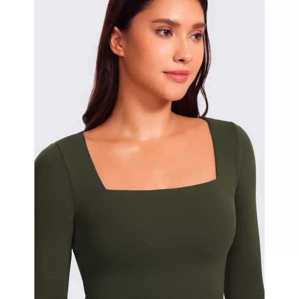 CRZ YOGA Womens Butterluxe Double Lined Long Sleeve Crop Top Square Neck Workout Athletic Casual Cropped Fitted Basic ShirtsOlive Green