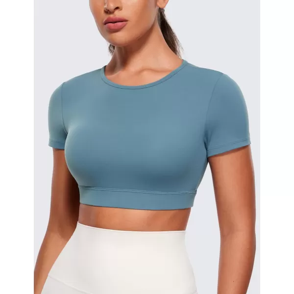 CRZ YOGA Womens Butterluxe Double Lined Open Back Crop Tops Backless Short Sleeve Workout Top Casual Going Out Tight TShirtsBlue Ashes