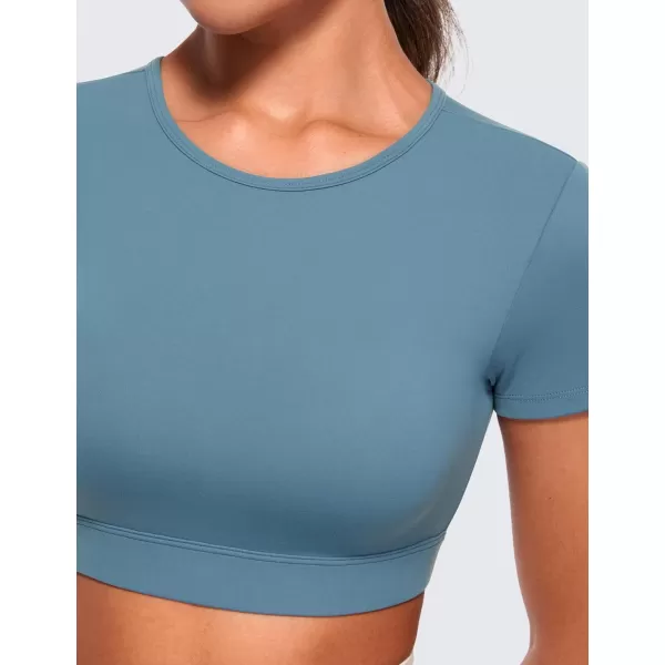 CRZ YOGA Womens Butterluxe Double Lined Open Back Crop Tops Backless Short Sleeve Workout Top Casual Going Out Tight TShirtsBlue Ashes