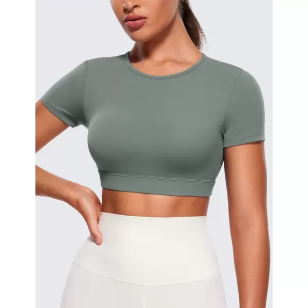 CRZ YOGA Womens Butterluxe Double Lined Open Back Crop Tops Backless Short Sleeve Workout Top Casual Going Out Tight TShirtsGrey Sage