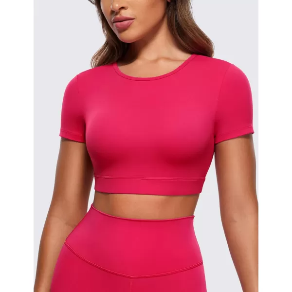 CRZ YOGA Womens Butterluxe Double Lined Open Back Crop Tops Backless Short Sleeve Workout Top Casual Going Out Tight TShirtsViva Magenta