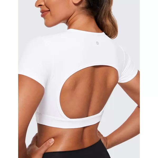 CRZ YOGA Womens Butterluxe Double Lined Open Back Crop Tops Backless Short Sleeve Workout Top Casual Going Out Tight TShirtsWhite