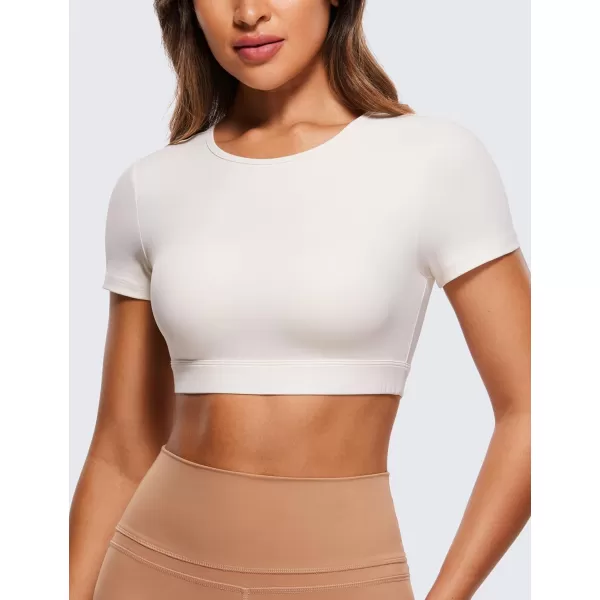 CRZ YOGA Womens Butterluxe Double Lined Open Back Crop Tops Backless Short Sleeve Workout Top Casual Going Out Tight TShirtsWhite Apricot