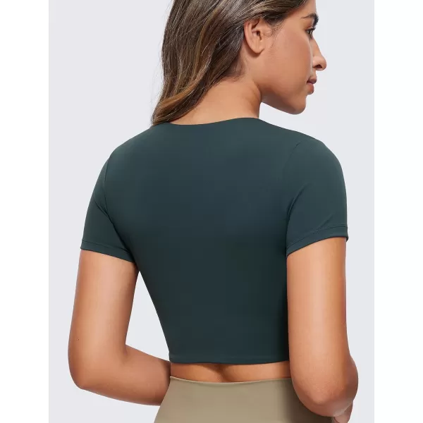 CRZ YOGA Womens Butterluxe Double Lined Short Sleeve Crop Tops Crew Neck Casual Workout TShirt Cute Basic TeeForest Dark Green