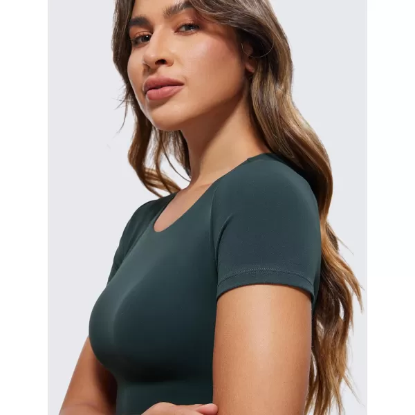 CRZ YOGA Womens Butterluxe Double Lined Short Sleeve Crop Tops Crew Neck Casual Workout TShirt Cute Basic TeeForest Dark Green