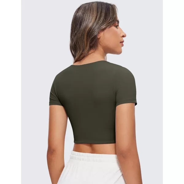 CRZ YOGA Womens Butterluxe Double Lined Short Sleeve Crop Tops Crew Neck Casual Workout TShirt Cute Basic TeeOlive Green