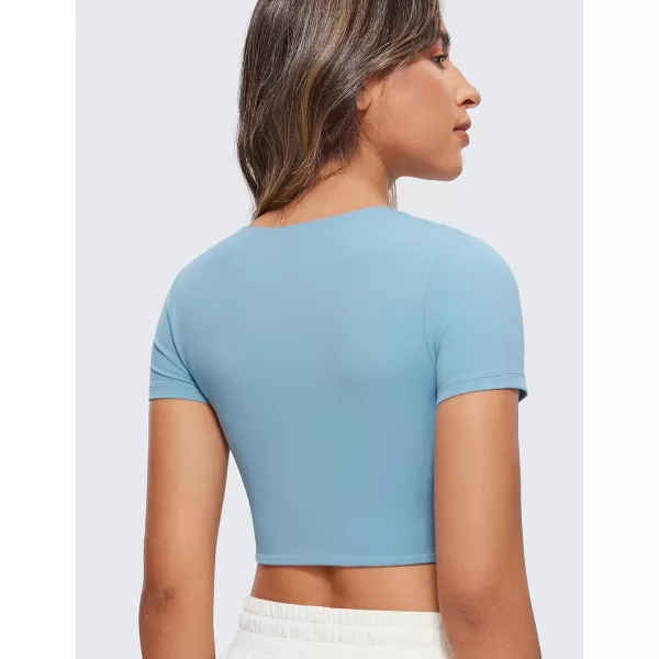 CRZ YOGA Womens Butterluxe Double Lined Short Sleeve Crop Tops Crew Neck Casual Workout TShirt Cute Basic TeePure Blue
