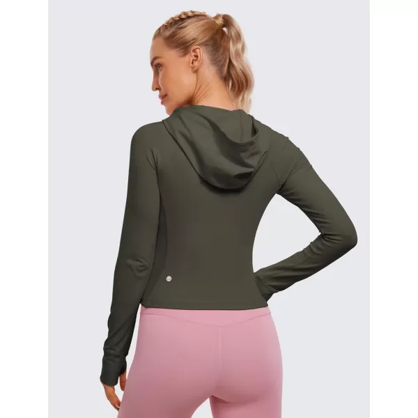 CRZ YOGA Womens Butterluxe Full Zip Workout Hoodie Jackets Slim Fit Hooded Athletic Yoga Jacket with Thumb HolesLight Army Green