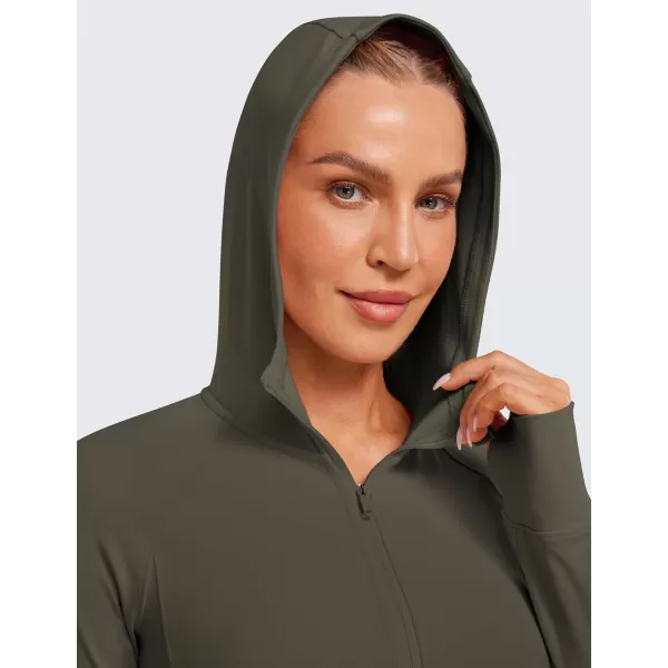 CRZ YOGA Womens Butterluxe Full Zip Workout Hoodie Jackets Slim Fit Hooded Athletic Yoga Jacket with Thumb HolesLight Army Green