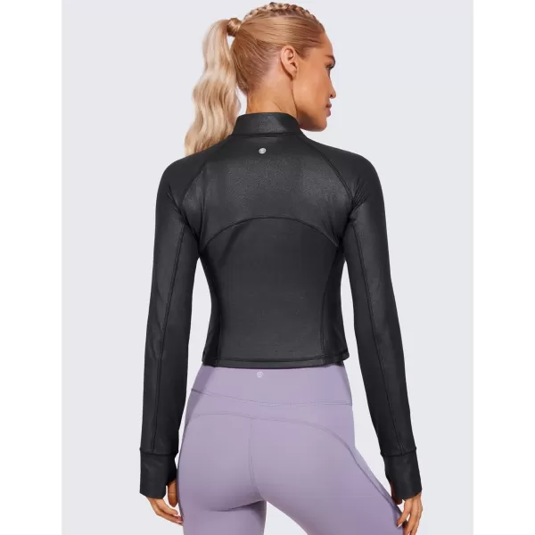 CRZ YOGA Womens Butterluxe Long Sleeve Workout Shirts Half Quarter Zip Sweatshirt Athletic Crop Top Collared Fall ShirtFaux Leather Black