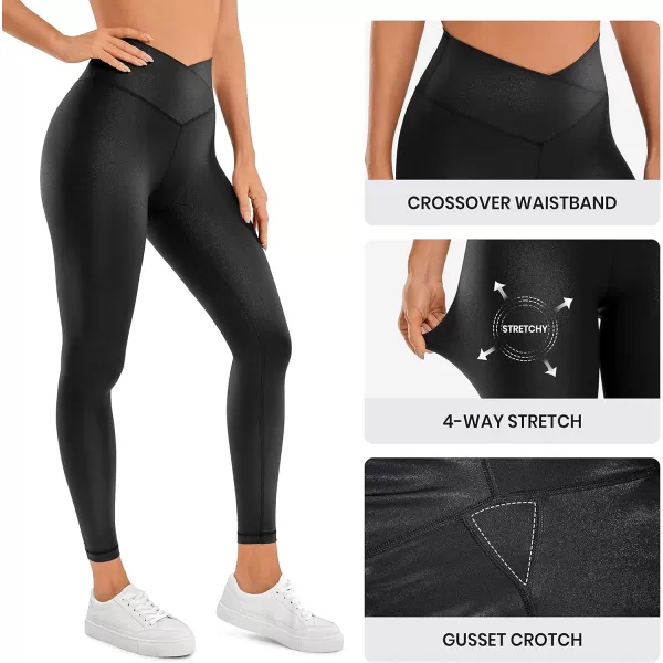 CRZ YOGA Womens Butterluxe Matte Faux Leather Cross Waist Leggings 25  28  V Crossover High Waisted Lounge Leggings25 inches 25faux Leather Black Classic