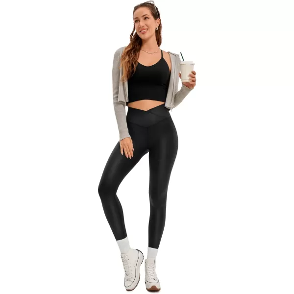 CRZ YOGA Womens Butterluxe Matte Faux Leather Cross Waist Leggings 25  28  V Crossover High Waisted Lounge Leggings28 inches 28faux Leather Black Classic