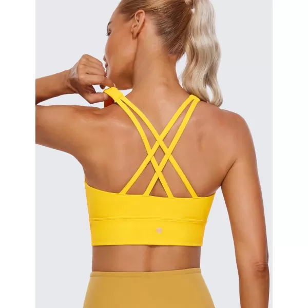 CRZ YOGA Womens Butterluxe Strappy High Neck Longline Sports Bra  Padded Criss Cross Back Workout Sports Bras Crop Tank TopHigh Visibility Yellow