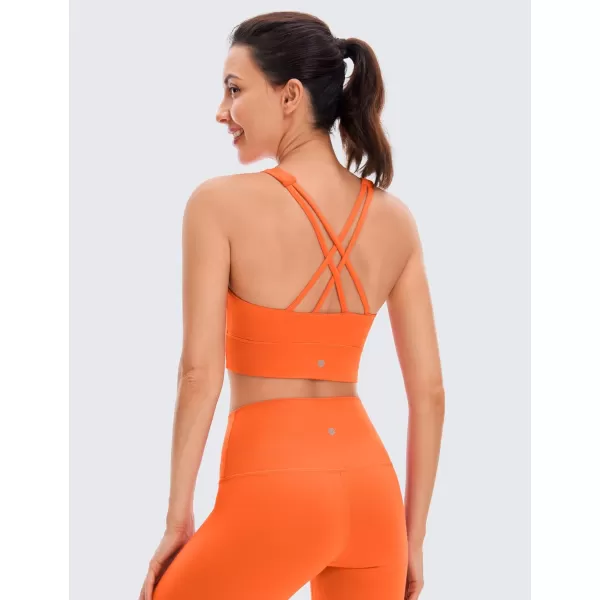 CRZ YOGA Womens Butterluxe Strappy High Neck Longline Sports Bra  Padded Criss Cross Back Workout Sports Bras Crop Tank TopNeon Orange