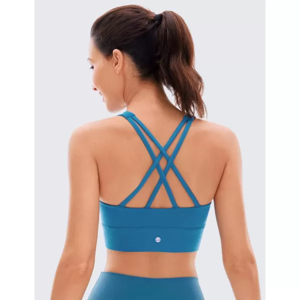 CRZ YOGA Womens Butterluxe Strappy High Neck Longline Sports Bra  Padded Criss Cross Back Workout Sports Bras Crop Tank TopSupersonic Blue