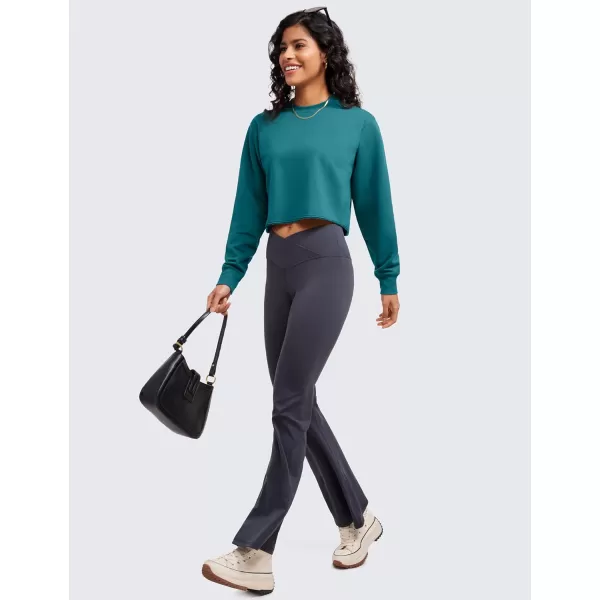 CRZ YOGA Womens Fleece Cropped Sweatshirts Crewneck Long Sleeve Sweat Shirts Double Raw Hem Workout Casual Pullover TopsGreen Jade