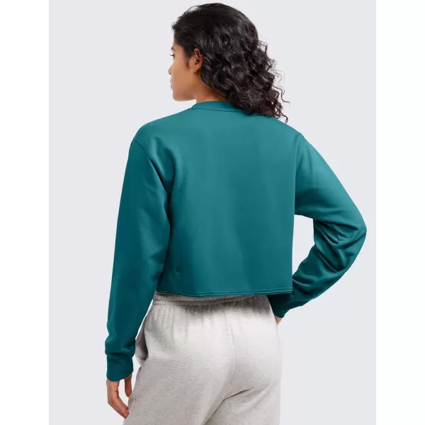 CRZ YOGA Womens Fleece Cropped Sweatshirts Crewneck Long Sleeve Sweat Shirts Double Raw Hem Workout Casual Pullover TopsGreen Jade