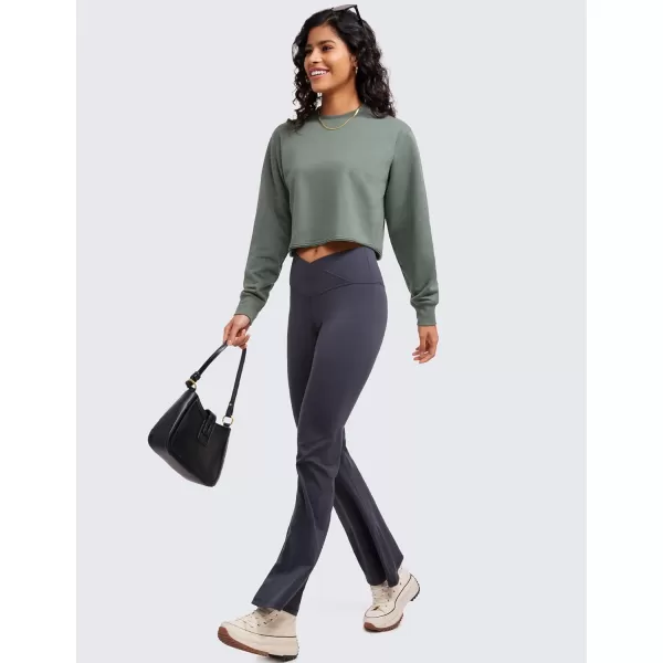 CRZ YOGA Womens Fleece Cropped Sweatshirts Crewneck Long Sleeve Sweat Shirts Double Raw Hem Workout Casual Pullover TopsGrey Sage