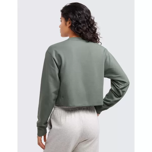 CRZ YOGA Womens Fleece Cropped Sweatshirts Crewneck Long Sleeve Sweat Shirts Double Raw Hem Workout Casual Pullover TopsGrey Sage