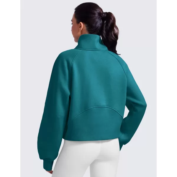 CRZ YOGA Womens Fleece Lined Half Zipper Sweatshirts Funnel Neck Long Sleeve Oversized Pullover Hoodies with Thumb HolesGreen Jade