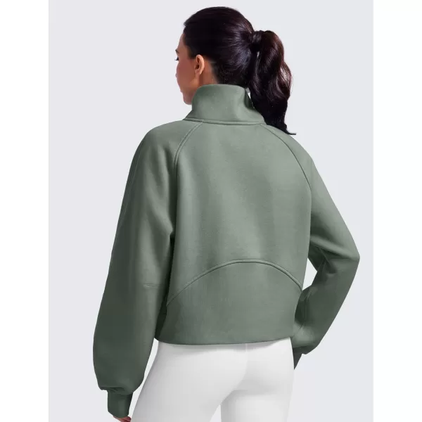 CRZ YOGA Womens Fleece Lined Half Zipper Sweatshirts Funnel Neck Long Sleeve Oversized Pullover Hoodies with Thumb HolesGrey Sage