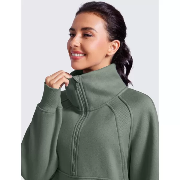 CRZ YOGA Womens Fleece Lined Half Zipper Sweatshirts Funnel Neck Long Sleeve Oversized Pullover Hoodies with Thumb HolesGrey Sage