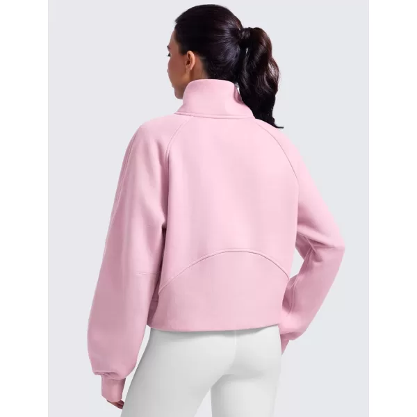 CRZ YOGA Womens Fleece Lined Half Zipper Sweatshirts Funnel Neck Long Sleeve Oversized Pullover Hoodies with Thumb HolesPink Peony