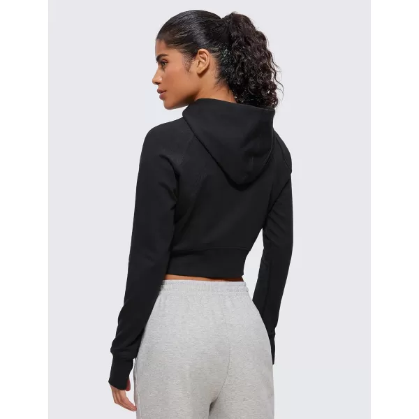 CRZ YOGA Womens Fleece Zip Up Cropped Hoodie Workout Jacket Athletic Casual Long Sleeve Sweatshirts with Thumb HolesBlack