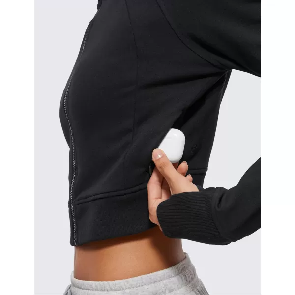 CRZ YOGA Womens Fleece Zip Up Cropped Hoodie Workout Jacket Athletic Casual Long Sleeve Sweatshirts with Thumb HolesBlack