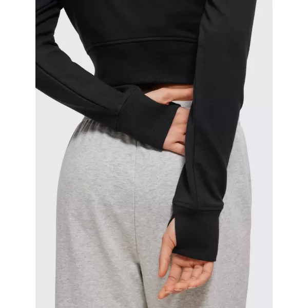 CRZ YOGA Womens Fleece Zip Up Cropped Hoodie Workout Jacket Athletic Casual Long Sleeve Sweatshirts with Thumb HolesBlack